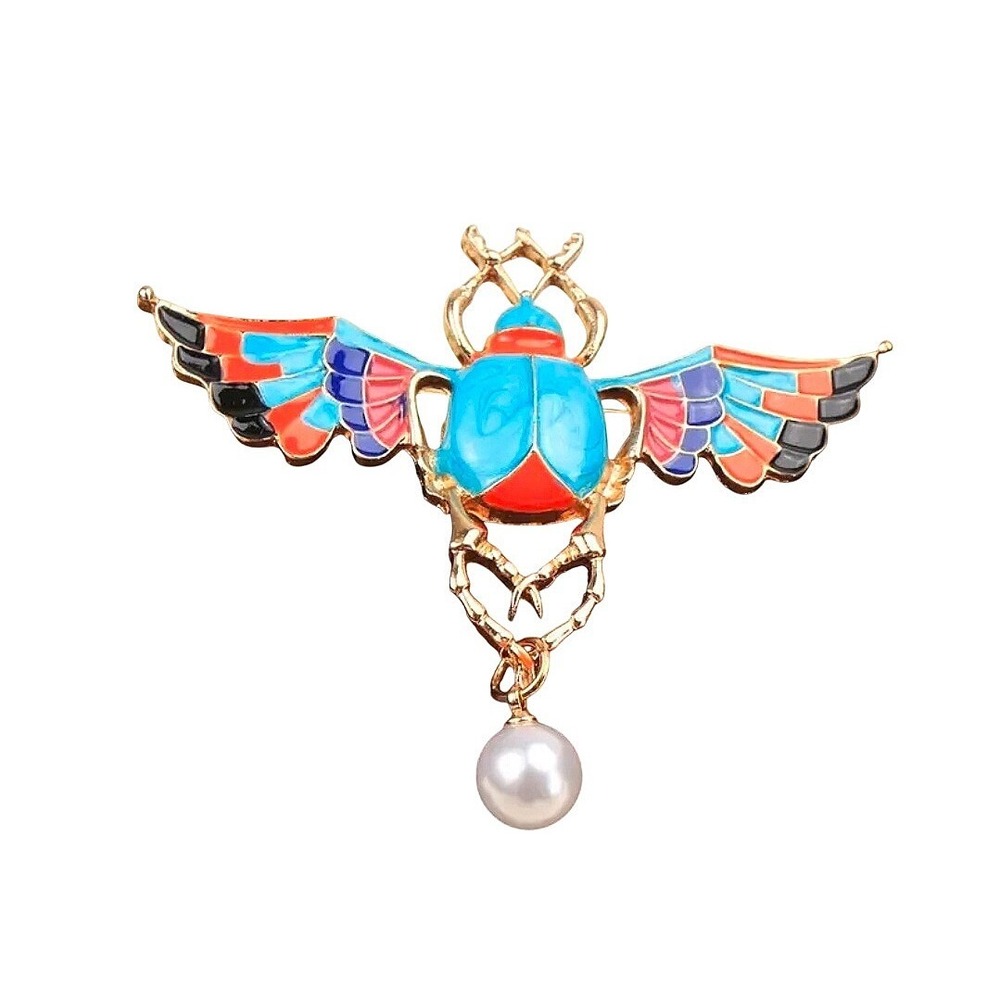 Egyptian Winged Scarab Beetle‎ Enamel Brooch Pin with Pearl Drop Gold Tone